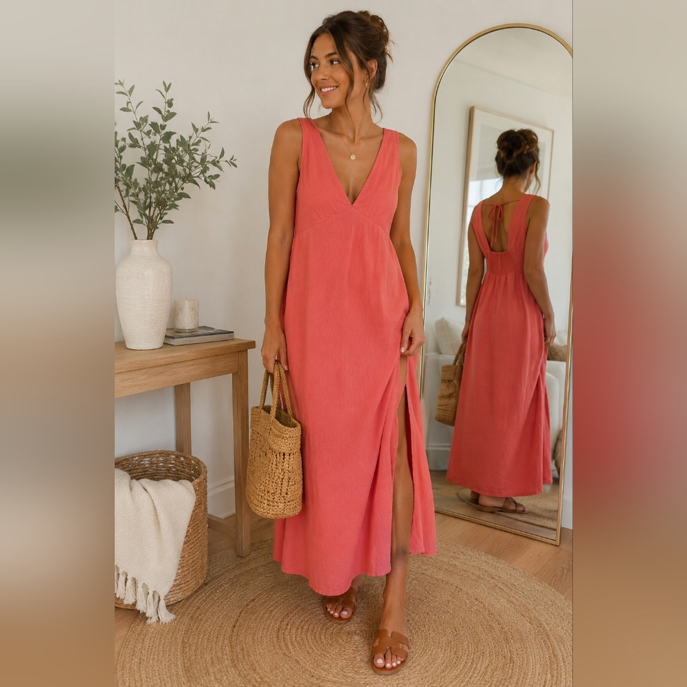 Old Navy Coral V-Neck Maxi Summer Dress Size Petite Small